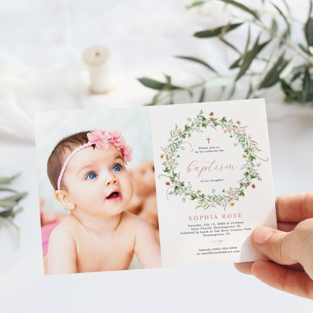 Boho Rustic Wildflowers Photo Baptism Invitation (Creator Uploaded)