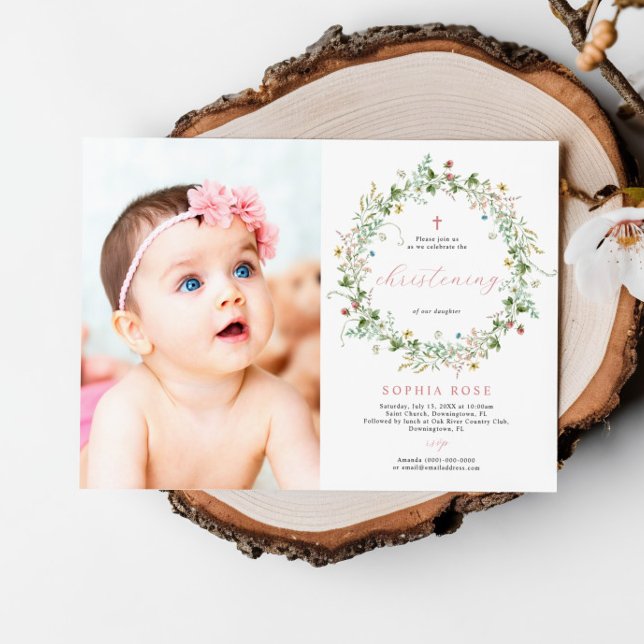 Boho Rustic Wildflowers Photo Christening Invitation (Creator Uploaded)