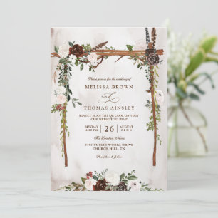 Boho Rustic Wood Floral Canopy QR Code Wedding Invitation