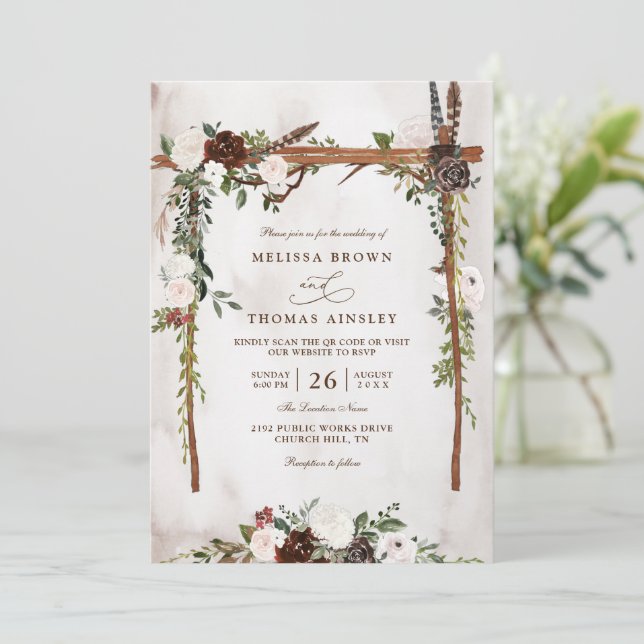 Boho Rustic Wood Floral Canopy QR Code Wedding Invitation (Standing Front)
