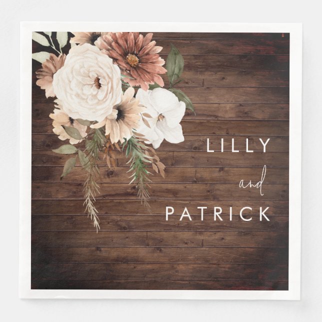Boho Rustic Wood Floral Wedding Reception Party Napkin (Front)