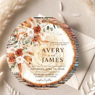 Boho Rustic Wood Slice Wedding Invitation – Pampas