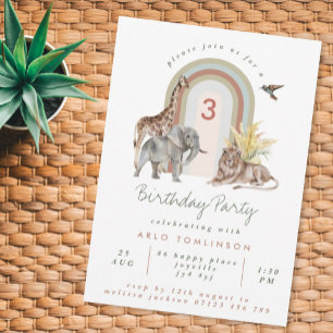 Boho Safari Animals & Rainbow Arch Birthday Party  Invitation