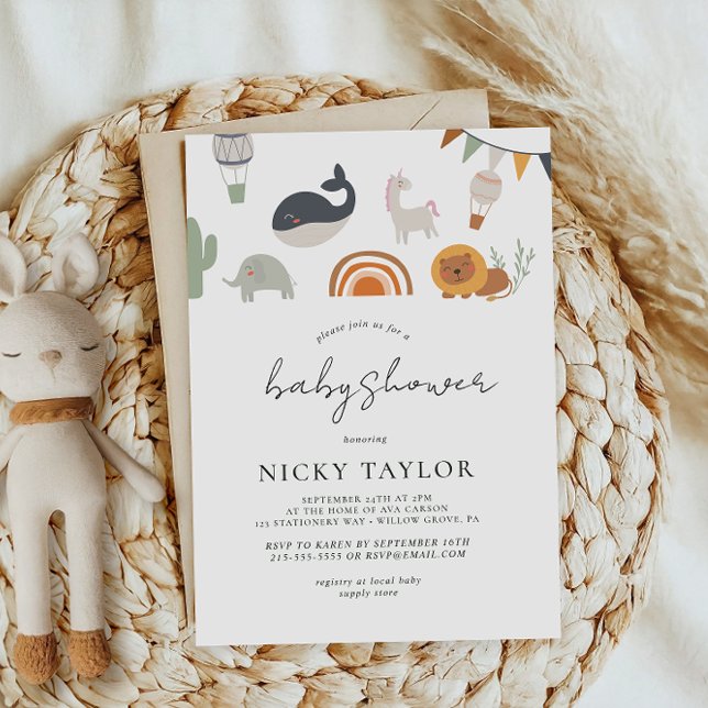 Boho Safari Cute Animal Rainbow Baby Shower Invitation (Creator Uploaded)