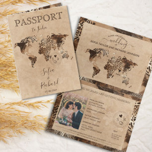 Boho Safari Leopard Wedding Passport World Map Invitation