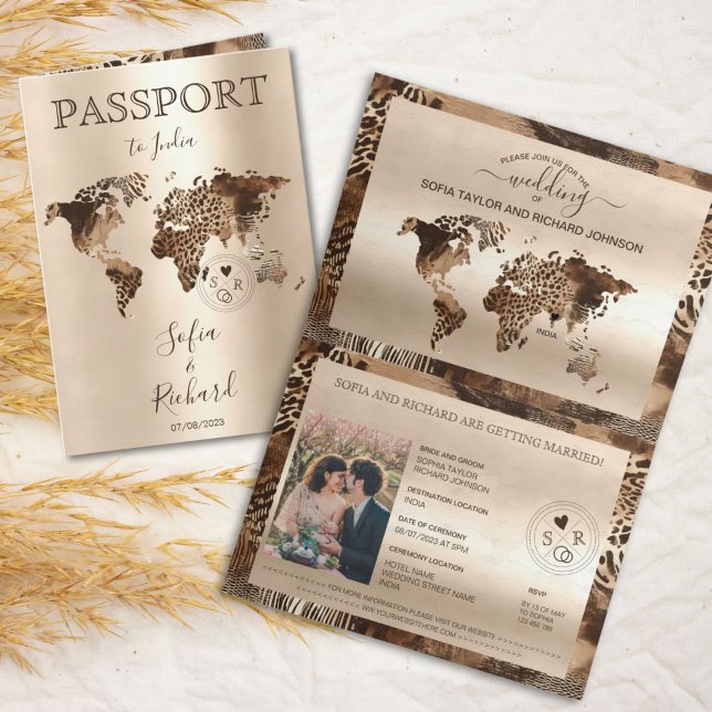 Boho Safari Leopard Wedding Passport World Map Invitation (safari leopard world map passport wedding illustration)