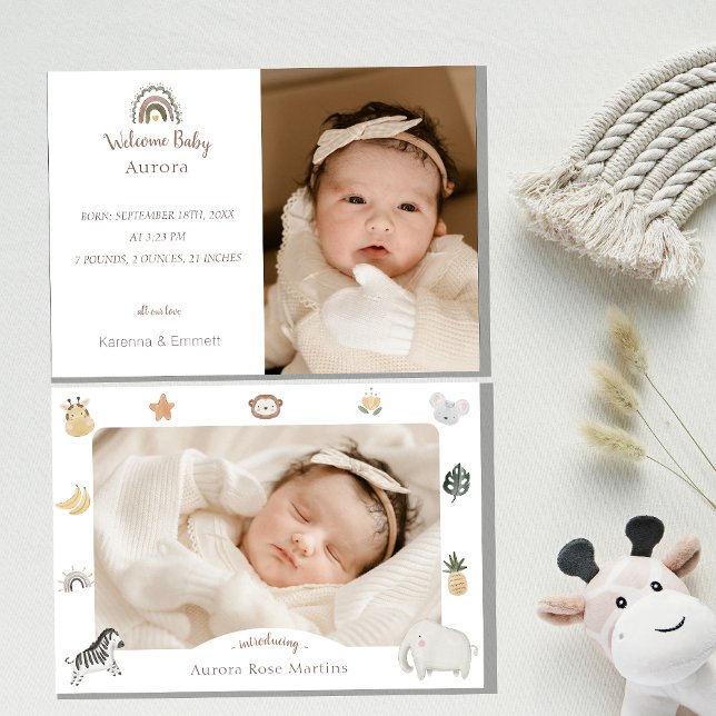 Boho Safari Watercolor Two Photo Birth Announcement (Creator Uploaded)