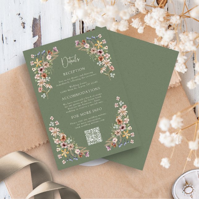 Boho Sage Detail Card (Boho Sage Green Wildflower Detail Card QR Code by Painted Paperie
)