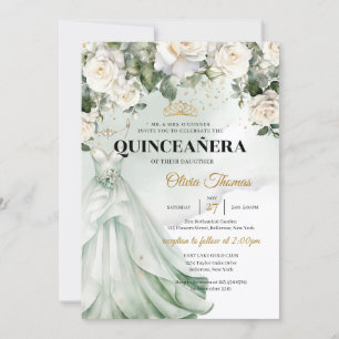 Boho Sage Dress & White Roses Greenery and Gold Invitation