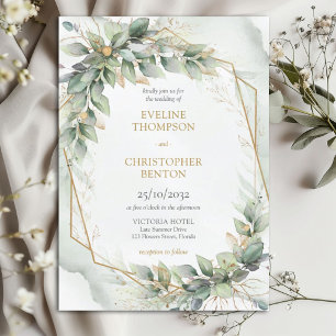 Boho sage eucalyptus leaves gold glitter wedding invitation