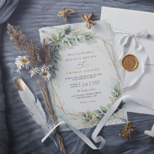 Boho sage eucalyptus leaves qr code wedding invitation