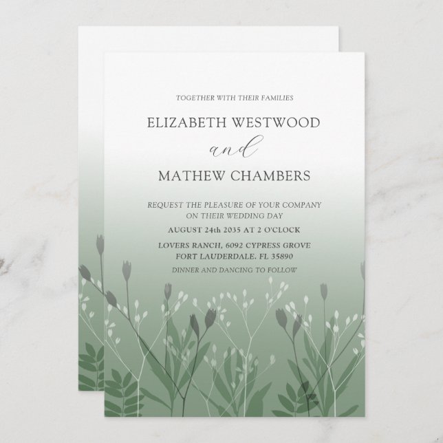 Boho Sage Gree Pressed Foliage Wedding  Invitation (Front/Back)