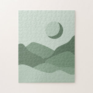Boho Sage Green Abstract Landscape Mountains & Sun Jigsaw Puzzle