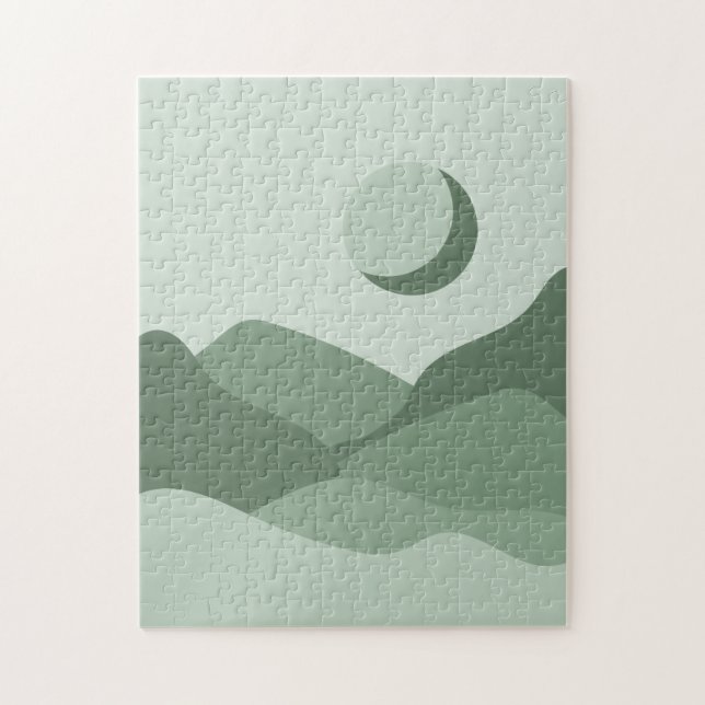 Boho Sage Green Abstract Landscape Mountains & Sun Jigsaw Puzzle (Vertical)