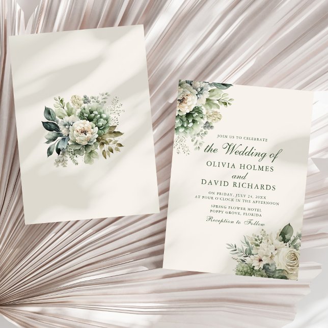 Boho Sage Green and Ivory Floral Wedding Invitation (Boho Sage Green and Ivory Floral Wedding Invitation on a sunny white dry palm leaf.)