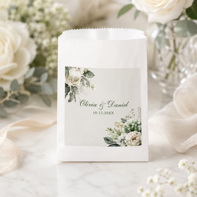 Boho Sage Green and Ivory Flowers Wedding Favour Bag (Boho Sage Green and Ivory Flowers Wedding Favor Bag on a table with flowers and ribbons)