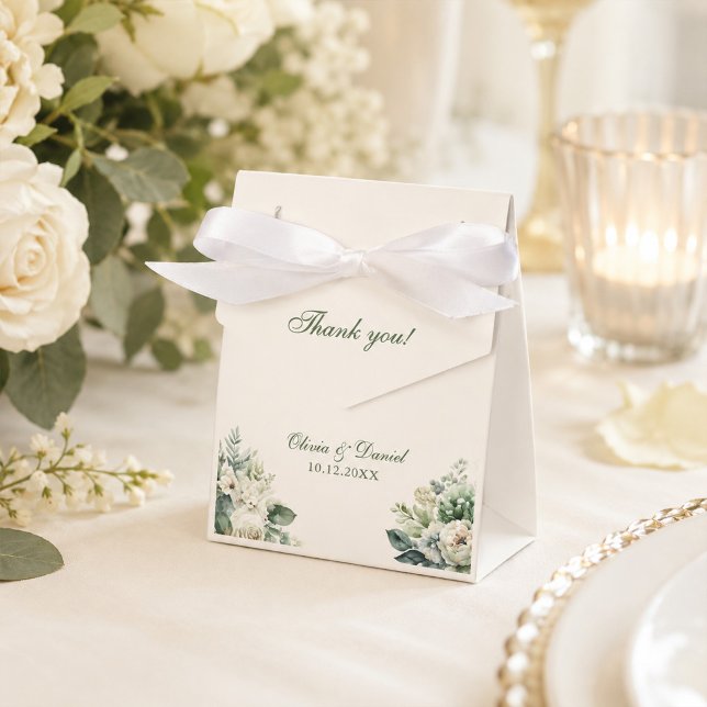 Boho Sage Green and Ivory Flowers Wedding Favour Box (Boho Sage Green and Ivory Flowers Wedding Favor Boxes on an elegant wedding table with flowers)