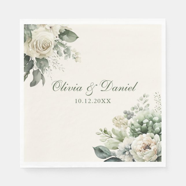 Boho Sage Green and Ivory Flowers Wedding Napkin (Front)