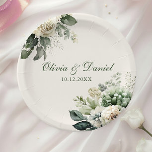 Boho Sage Green and Ivory Flowers Wedding Paper Plate