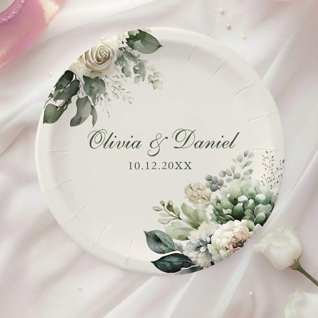 Boho Sage Green and Ivory Flowers Wedding Paper Plate (Boho Sage Green and Ivory Flowers Wedding Paper Plates on a table with a white rose.)