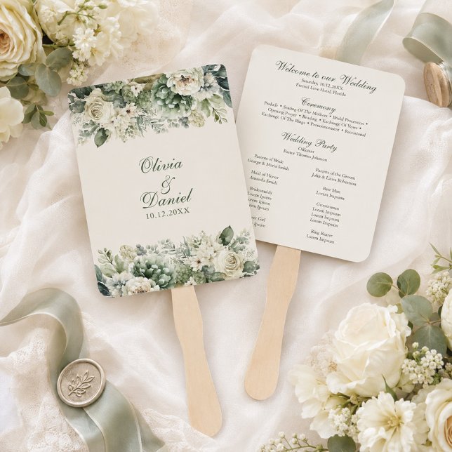 Boho Sage Green and Ivory Flowers Wedding Program Hand Fan (Boho Sage Green and Ivory Flowers Wedding Program Hand Fan with wedding decor and white flowers)
