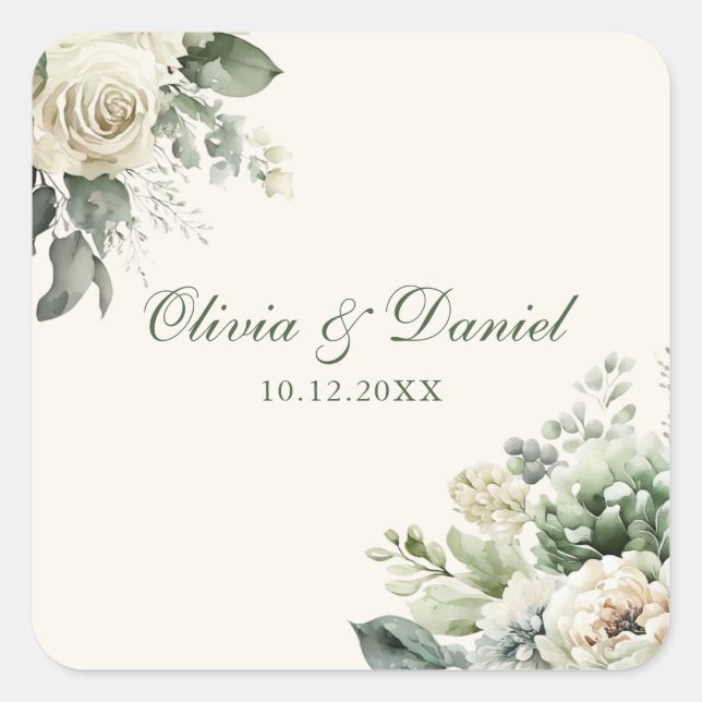 Boho Sage Green and Ivory Flowers Wedding Square Sticker (Front)