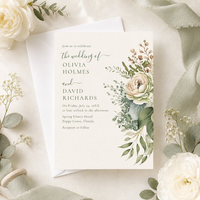 Boho Sage Green and Ivory Widlflowers Wedding Invitation (Boho Sage Green and Ivory Widlflowers Wedding Invitation on table with ivory roses and ribbons)