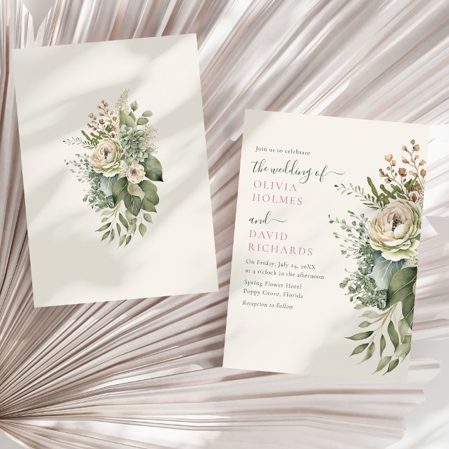 Boho Sage Green and Ivory Widlflowers Wedding Invitation (Boho Sage Green and Ivory Widlflowers Wedding Invitation on a sunny dry palm leaf.)