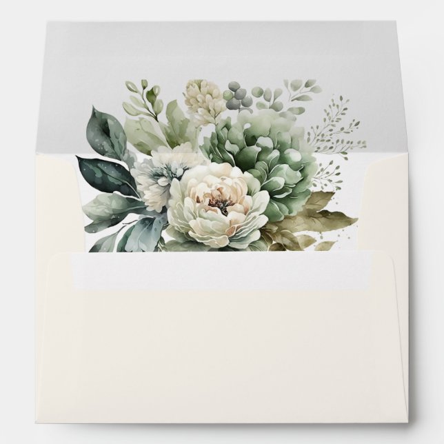 Boho Sage Green and Ivory Wildflowers Wedding Envelope (Back (Bottom))