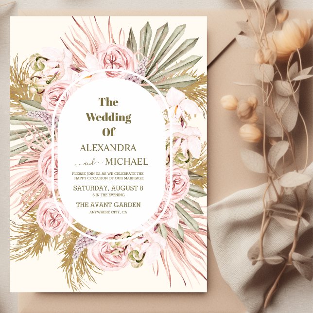 boho sage green and pampas grass wedding invitation (Creator Uploaded)