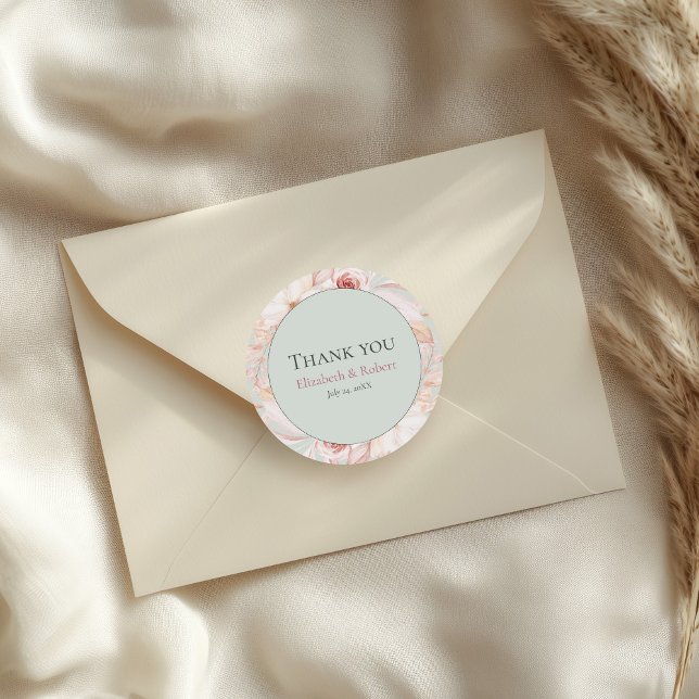 Boho Sage Green and Pink Floral Wedding Thank You Classic Round Sticker (Boho Sage Green and Pink Floral Wedding Thank You Classic Round Sticker on an elegant envelope)