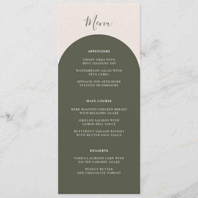 Boho Sage Green Arches Retro Wedding Dinner Menu (Front)