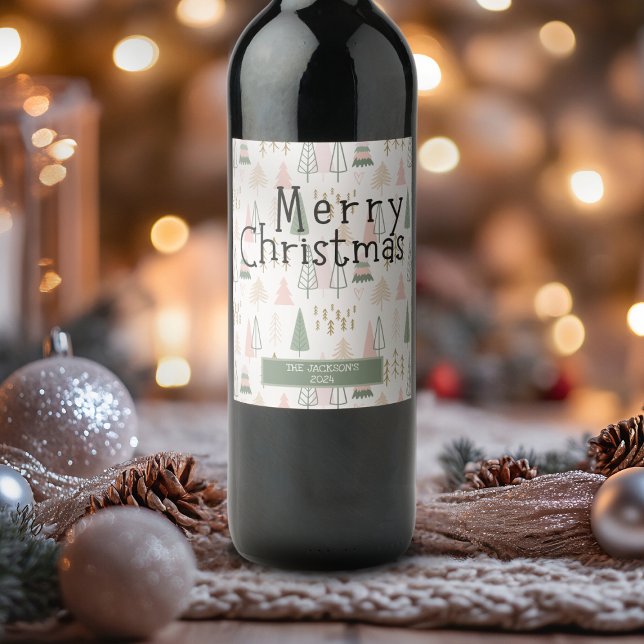 Boho sage green blush pink Merry Christmas trees Wine Label (Creator Uploaded)