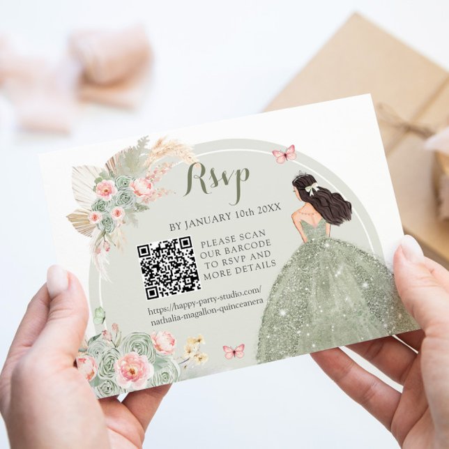 Boho Sage Green Blush Pink Royal Quinceañera QR RSVP Card (Creator Uploaded)