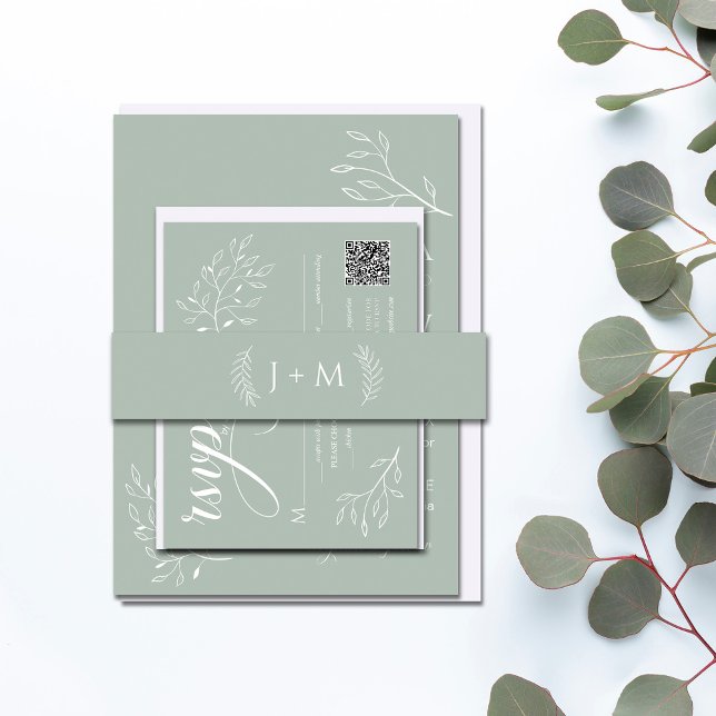 Boho Sage Green Botanical Monogram  Invitation Belly Band (Creator Uploaded)
