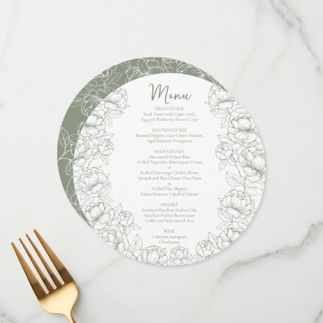 Boho Sage Green Chic Floral Modern Round Wedding Menu (Front/Back In Situ)