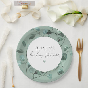 Boho Sage Green Eucalyptus Baby Shower Paper Plate