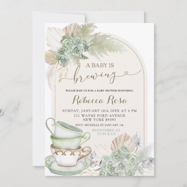 Boho Sage Green Floral Baby is Brewing Baby Shower Invitation (Front)