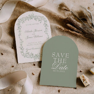 Boho Sage Green Floral Botanical Arched Wedding Save The Date