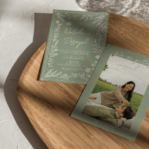 Boho Sage Green Floral Botanical Photo Wedding Invitation