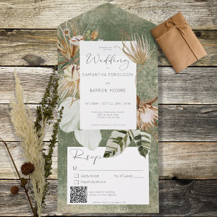Boho Sage Green Floral Grass QR Code All In One Invitation