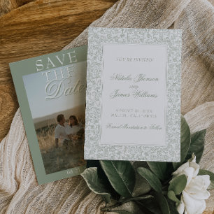 Boho Sage Green Floral Modern Photo Wedding Save The Date