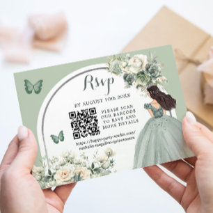 Boho Sage Green Floral Princess Girl 15 Años QR RSVP Card