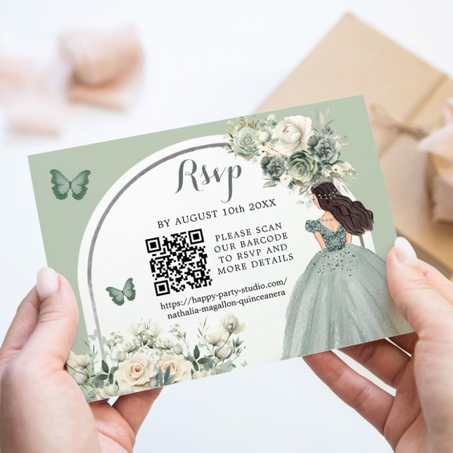 Boho Sage Green Floral Princess Girl 15 Años QR RSVP Card (Creator Uploaded)