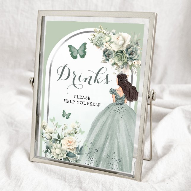 Boho Sage Green Floral Princess Quinceañera Drinks Poster (Creator Uploaded)