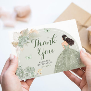 Boho Sage Green Floral Princess Quinceañera Thank You Card