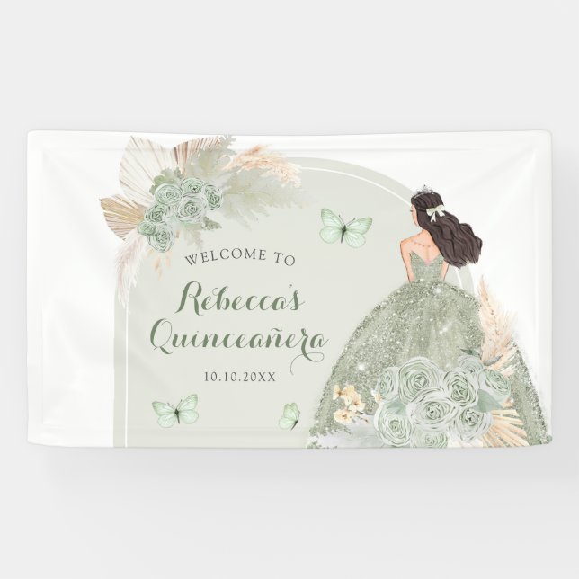 Boho Sage Green Floral Quinceañera Large Banner (Horizontal)