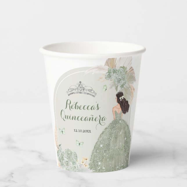 Boho Sage Green Floral Quinceañera Paper Cups (Front)