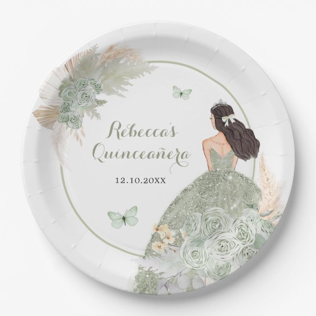 Boho Sage Green Floral Quinceañera Paper Plate (Front)