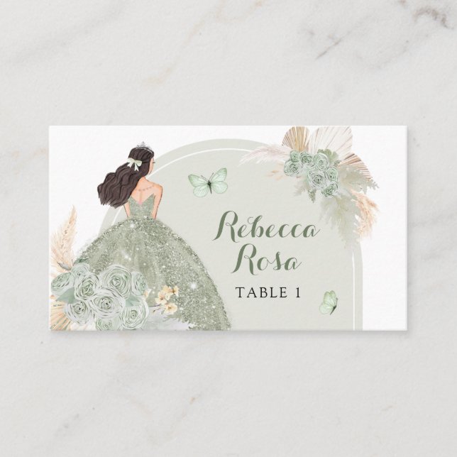 Boho Sage Green Floral Quinceañera Place Card (Front)